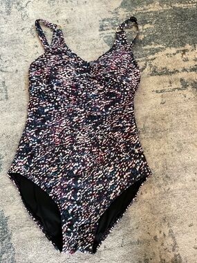Calvin Klein Black One-Piece Swimsuit with Pink, White & Blue Speckle Print
